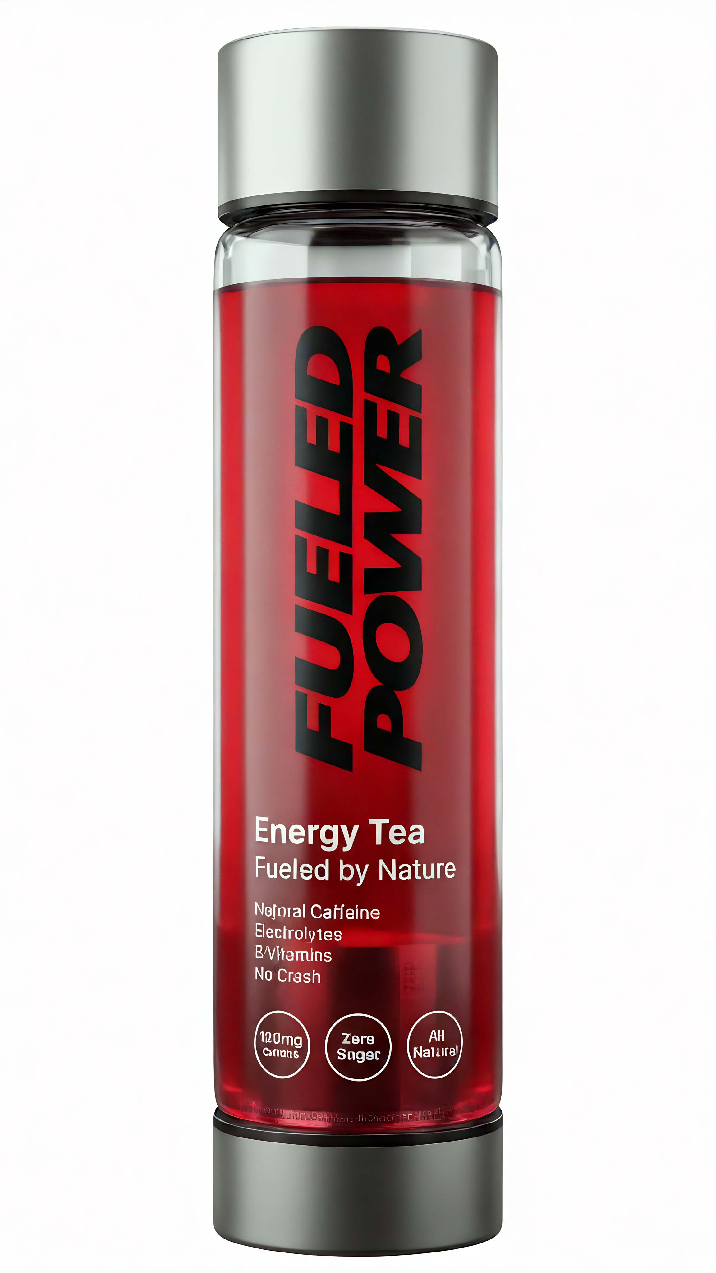 A clear bottle of 'Fueled Power' red energy tea with a silver cap against a white background.