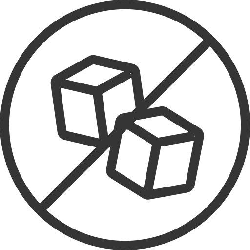A line icon of two sugar cubes crossed out inside a circle, indicating 'sugar-free'.