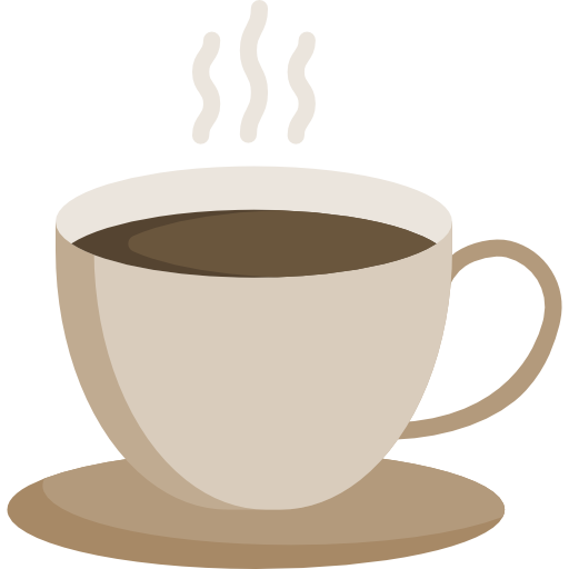 An illustration of a steaming cup of a hot beverage on a saucer.