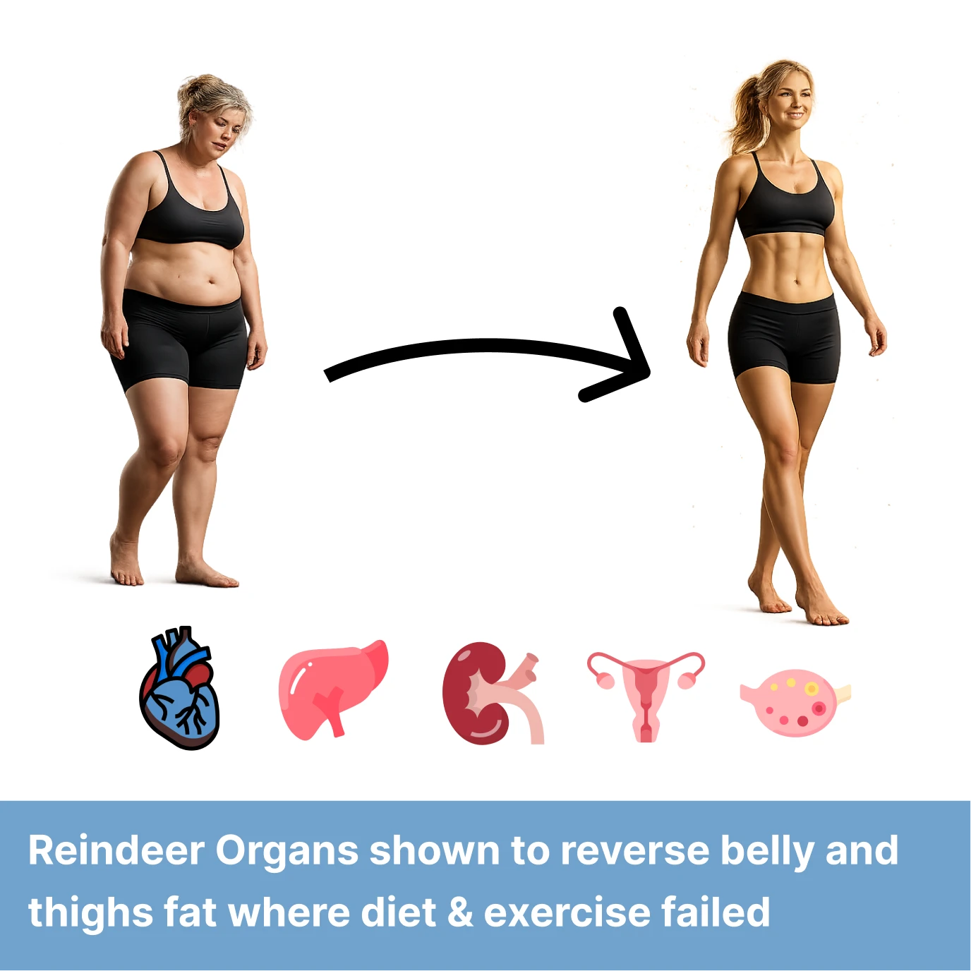 Medical illustration comparing fat distribution in a female torso before and after weight loss, with cross-sections.