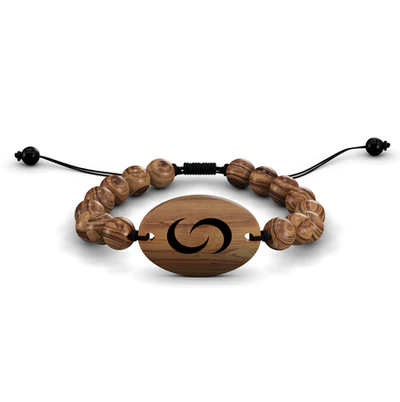 Wooden beaded bracelet with an oval centerpiece featuring a black swirl design.