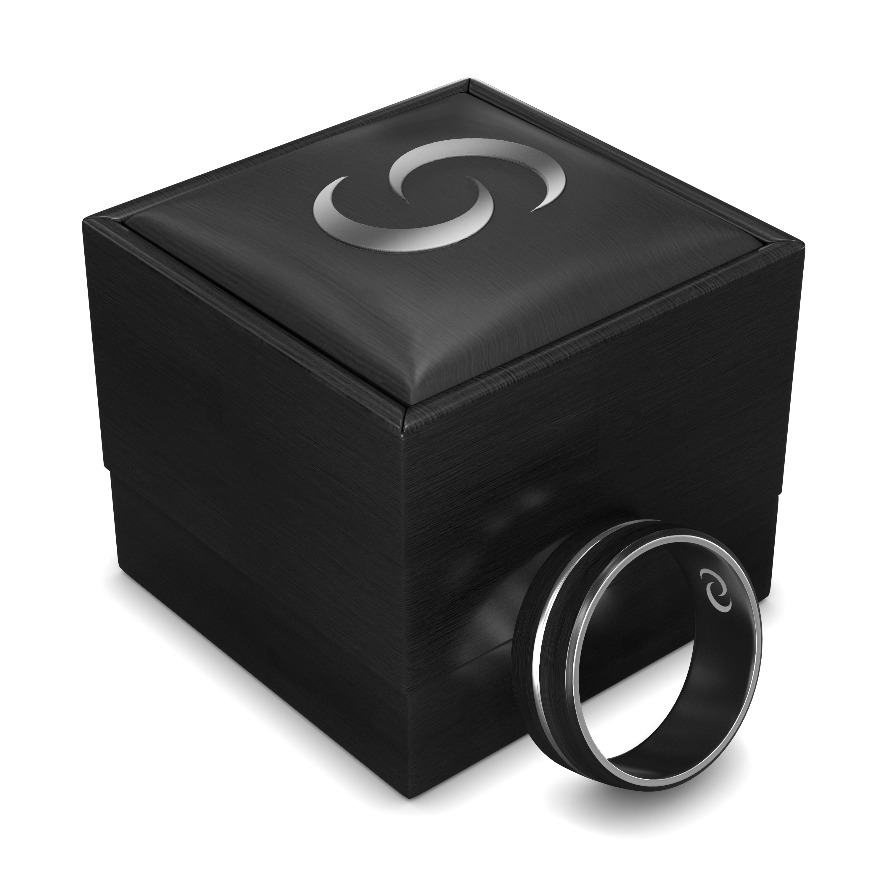 Black box with a ring featuring a swirl design.