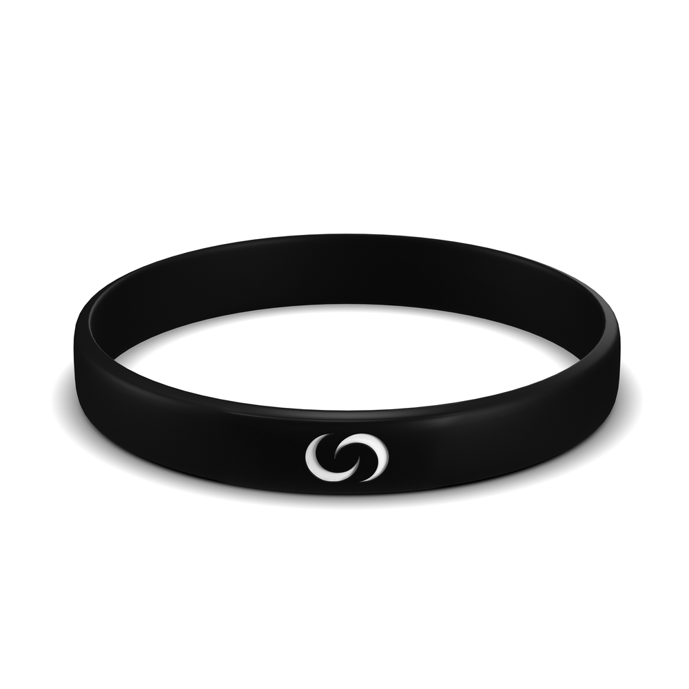 Black wristband with a white swirl symbol on the front.