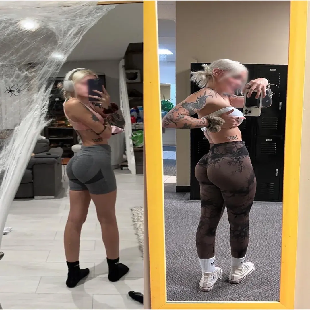 Two side-by-side mirror selfies of a person in workout attire.