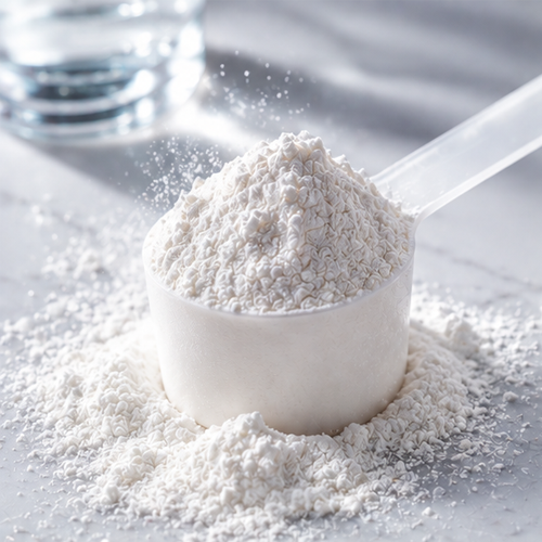 Close-up of a scoop of fine white creatine powder