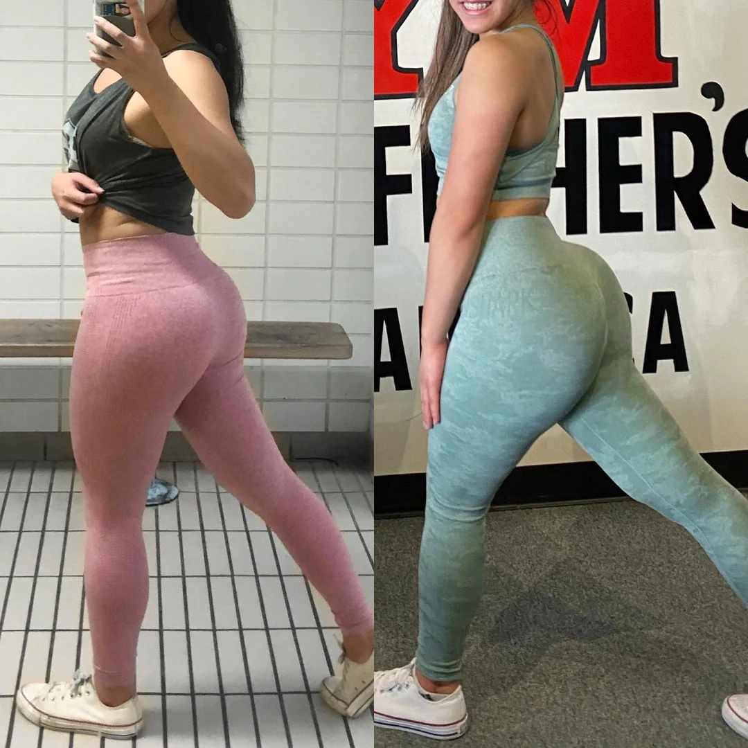 Two women in workout attire posing in a gym setting.