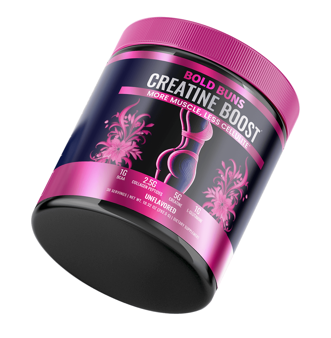 Pink and black creatine supplement container with floral design and product details.