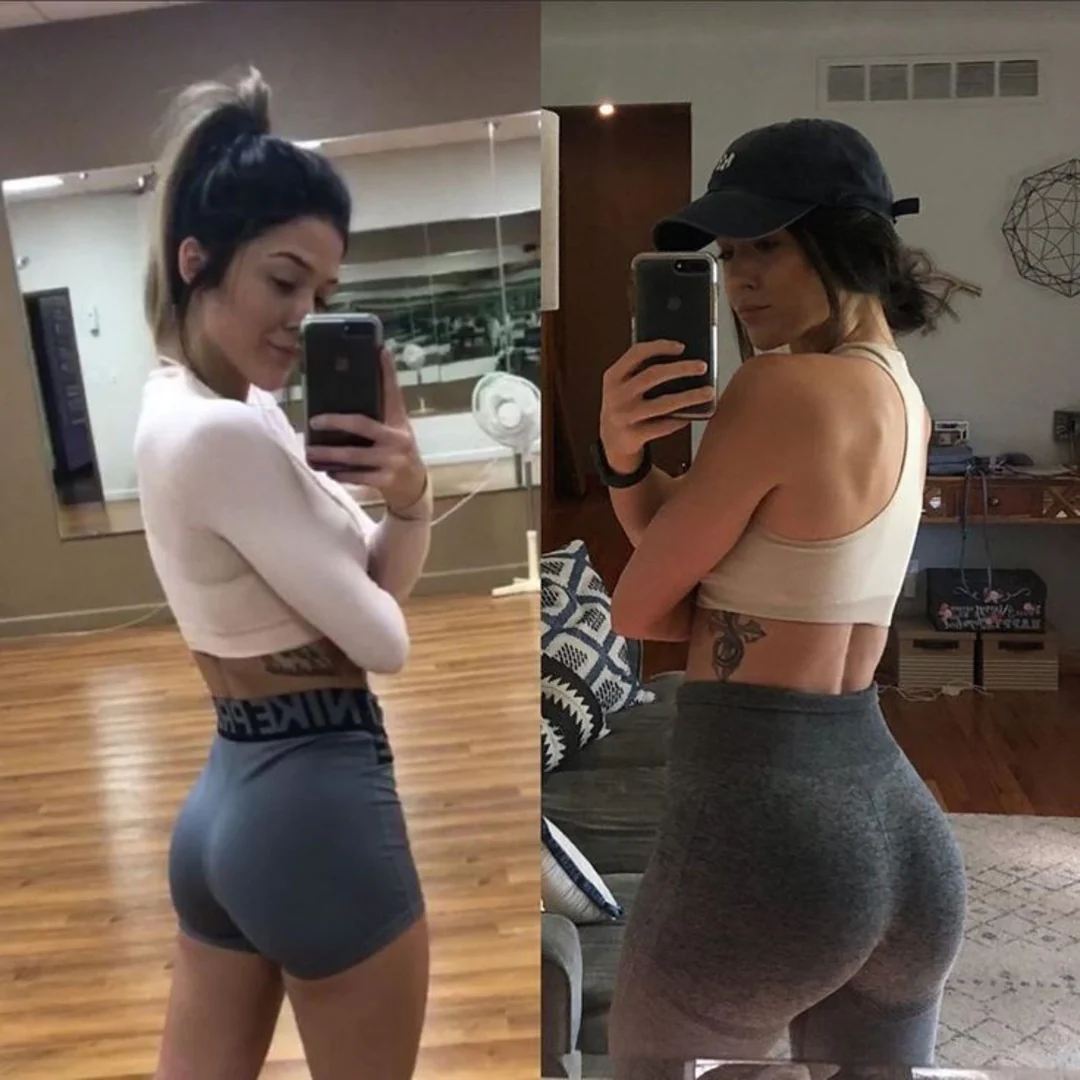 Two side-by-side mirror selfies of a woman in workout attire.