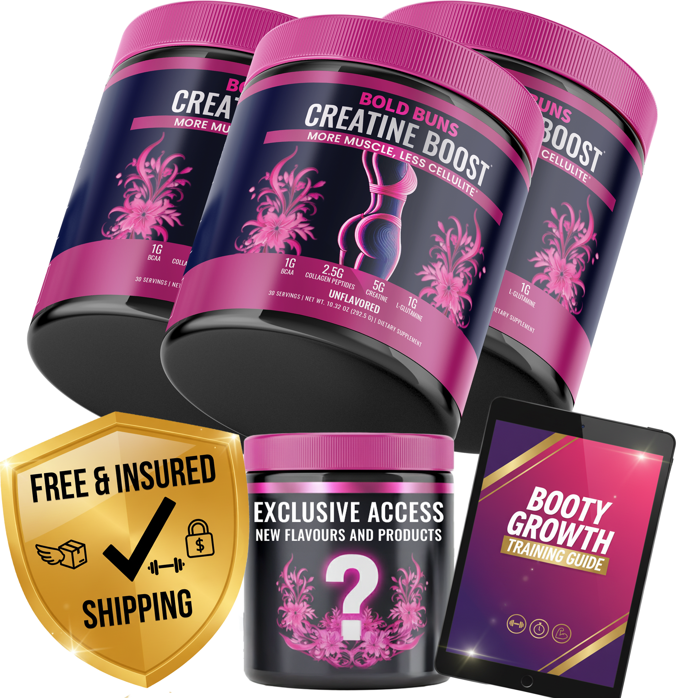 Three creatine supplement tubs, a tablet, and a shipping badge with fitness themes.