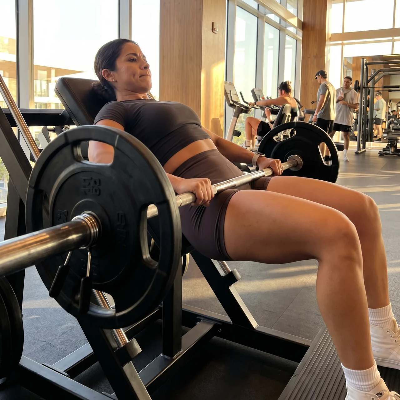 A woman in a gym performing a barbell hip thrust exercise on a weight bench.