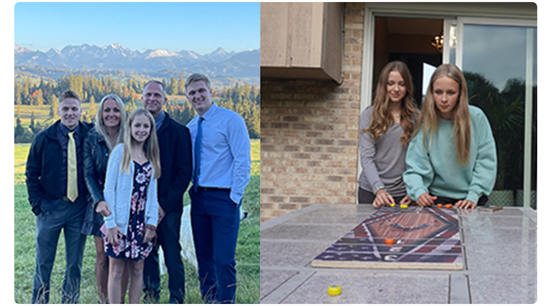 Two photos: a group outdoors, two girls playing a board game inside.