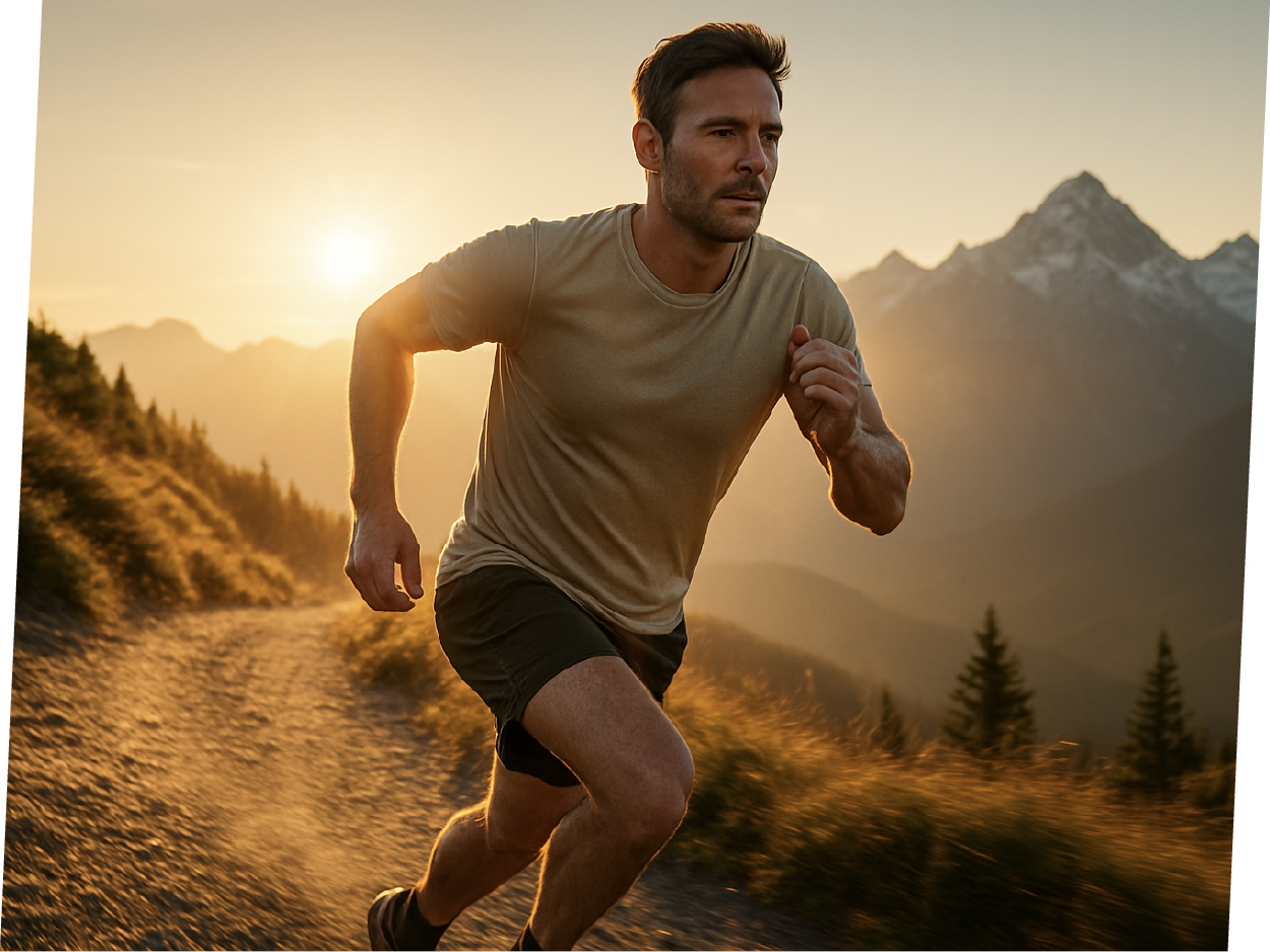 Man running on a mountain trail at sunset.