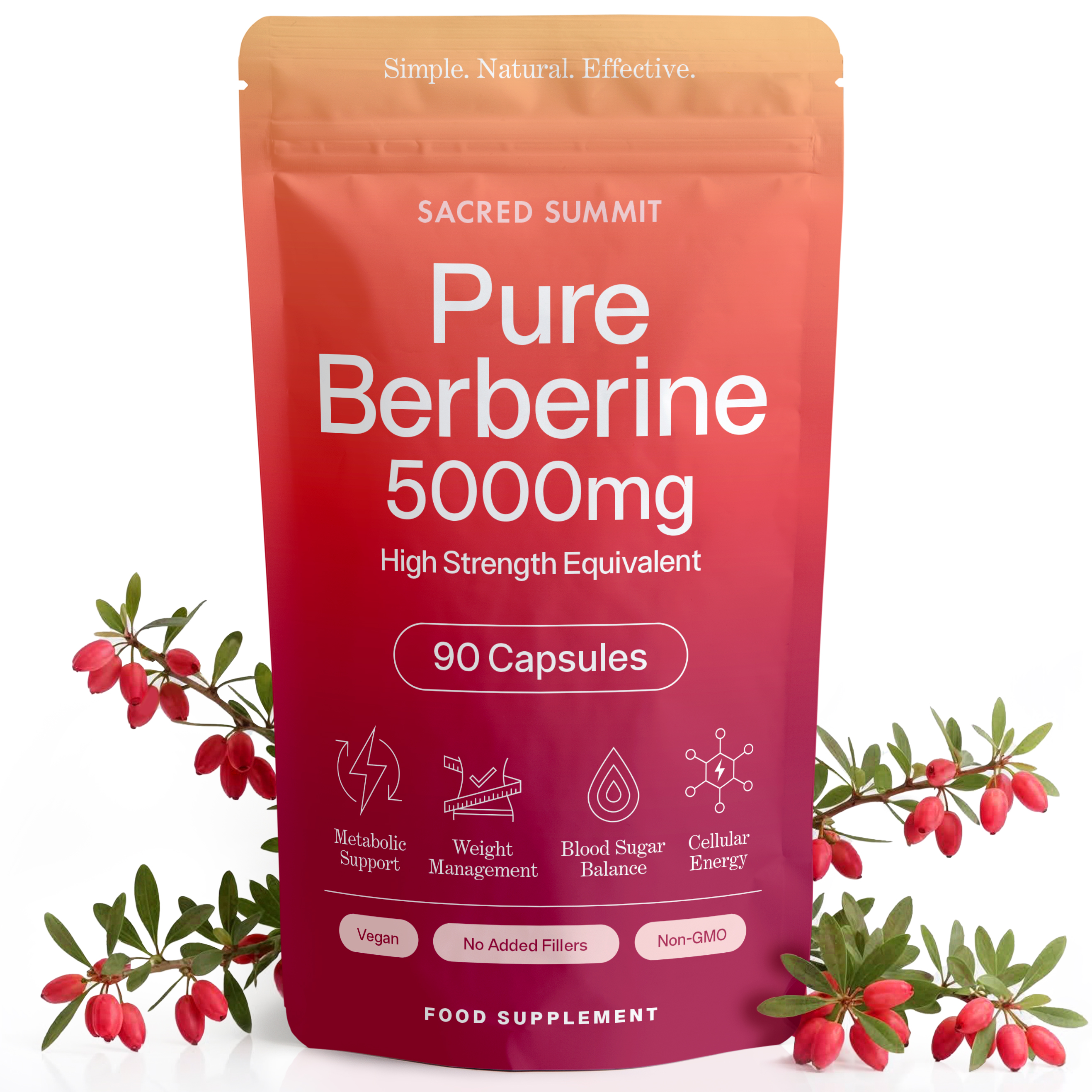 A pouch of Sacred Summit Pure Berberine 5000mg food supplement, surrounded by branches with red barberries.