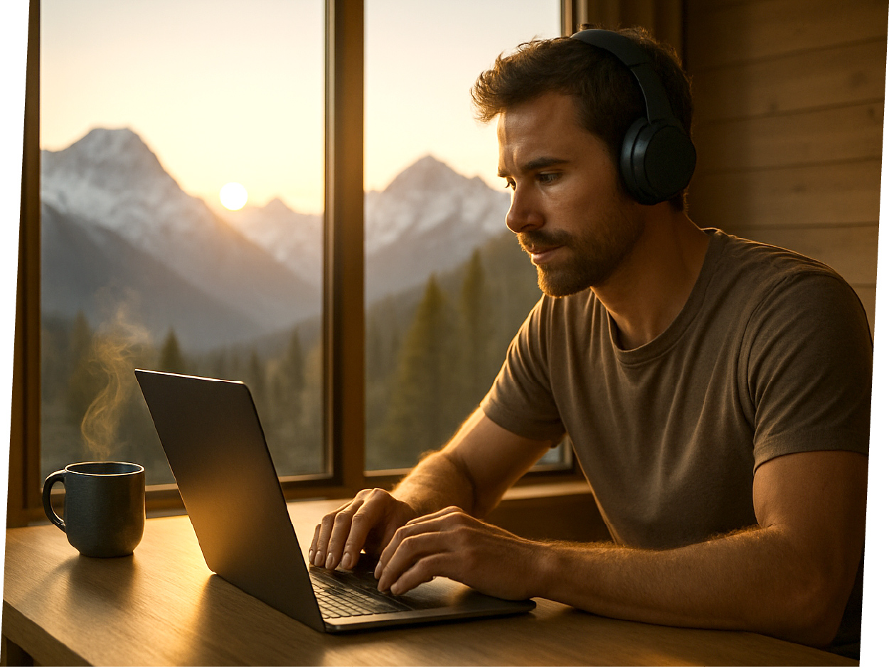 Man with headphones using a laptop near a window with mountain view.