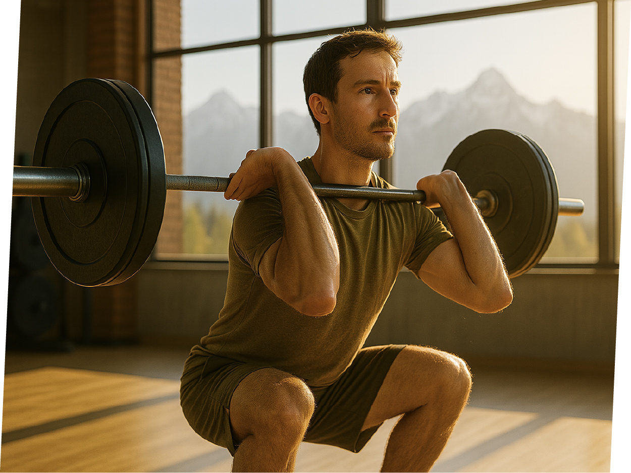 Man performing a squat with a barbell in a sunlit gym.