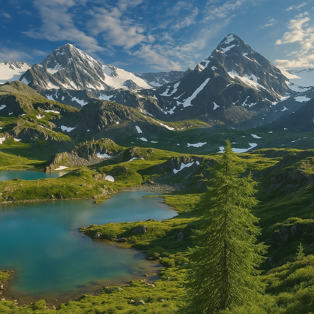Mountain landscape with snow-capped peaks, green valleys, and a clear blue lake.