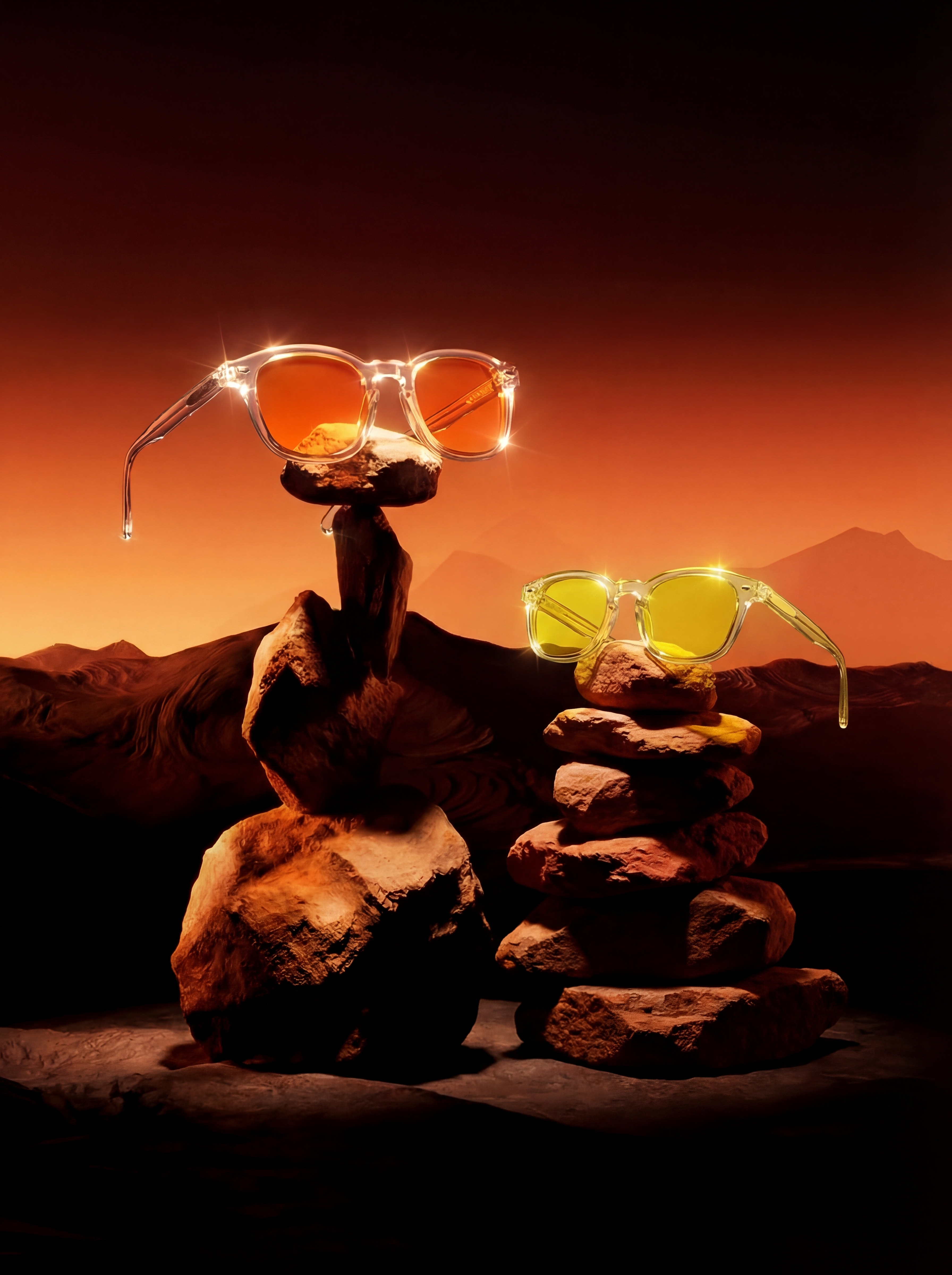 Two pairs of sunglasses with tinted lenses, one orange and one yellow, balanced on stacks of rocks.
