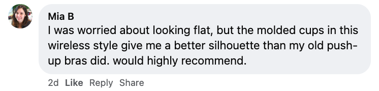 A screenshot of a positive customer review from Mia B about a wireless bra.