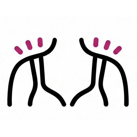 A line drawing icon of a person's neck and shoulders with pink marks indicating pain.