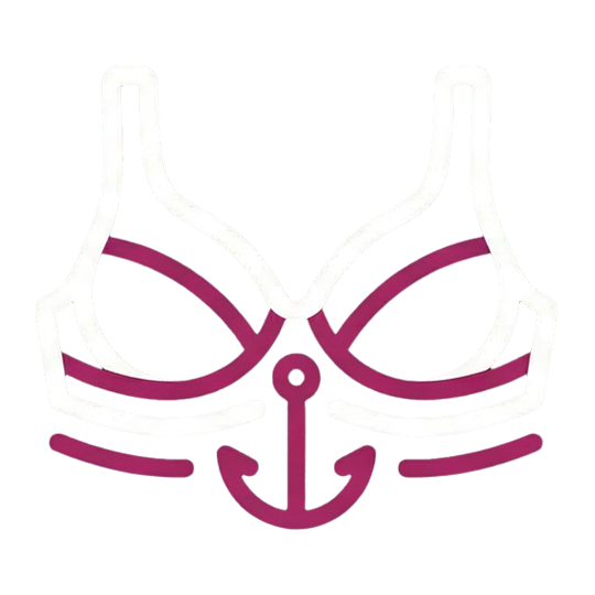 A stylized icon of a magenta and white bikini top with an anchor in the center.