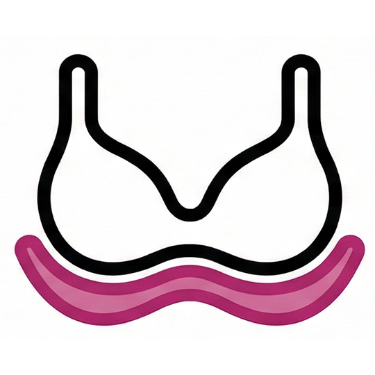 A simple black outline icon of a bra with a wavy pink band underneath.
