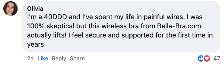 A social media comment from Olivia, who is reviewing a wireless bra from Bella-Bra.com.