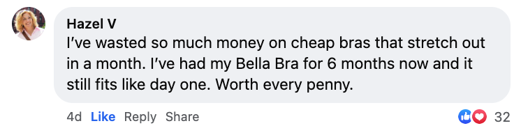A screenshot of a positive social media comment from Hazel V about the Bella Bra.