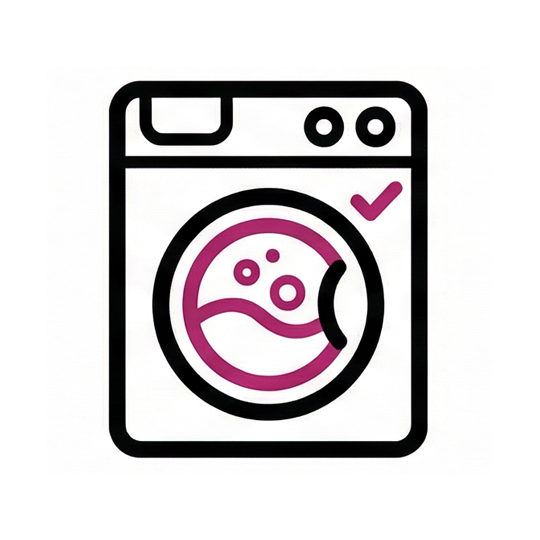 A black and magenta icon of a front-load washing machine with a checkmark.
