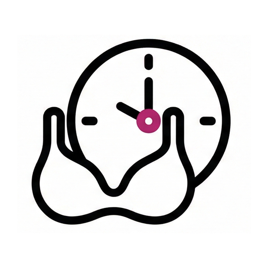A black line icon of a bra in front of a clock with a pink center.