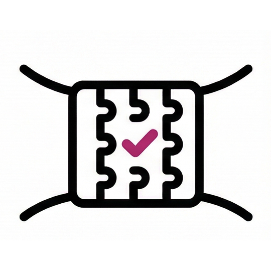 A line art icon of a square component with internal wavy lines and a magenta checkmark in the center.