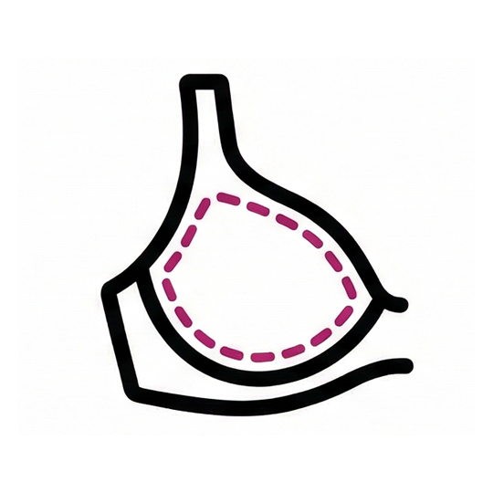 A line drawing icon of a bra cup with a black outline and a magenta dashed line inside.