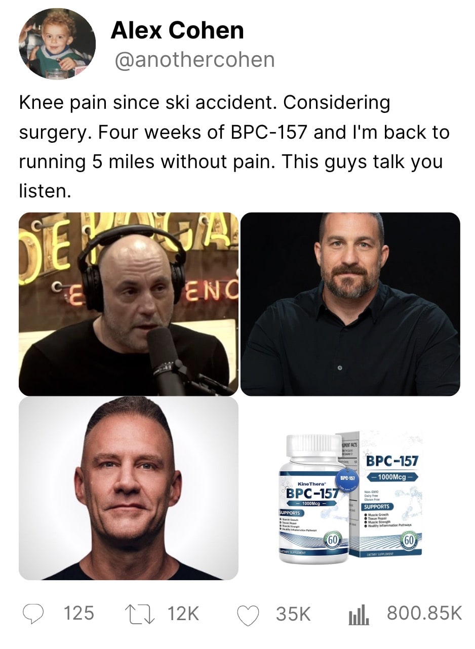 Tweet with text, three men, and BPC-157 supplement image.