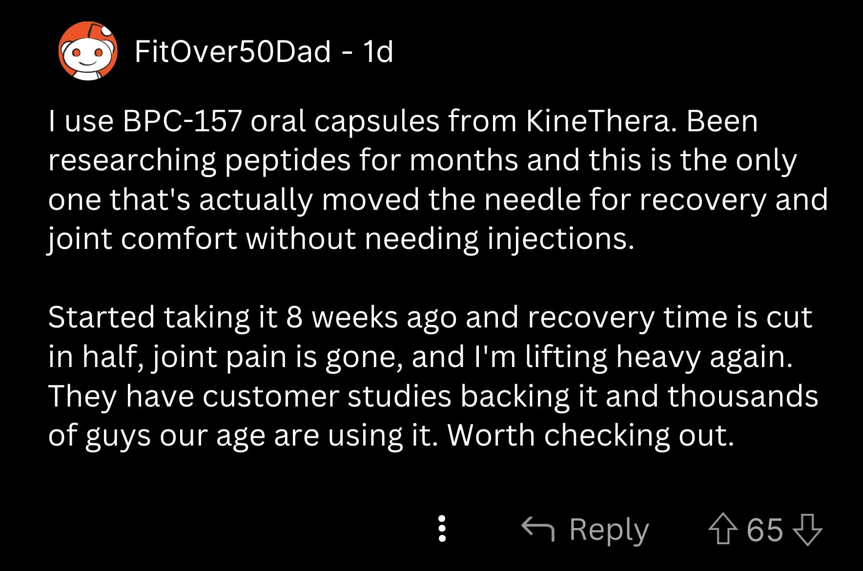 Reddit comment about BPC-157 capsules for joint recovery and comfort.