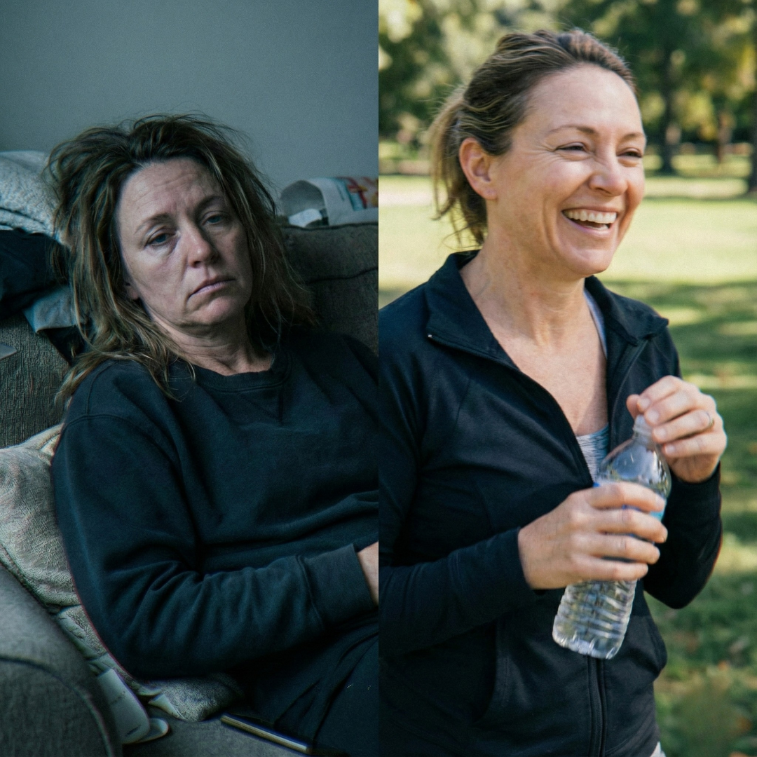 Split image of a woman indoors and outdoors holding a water bottle.