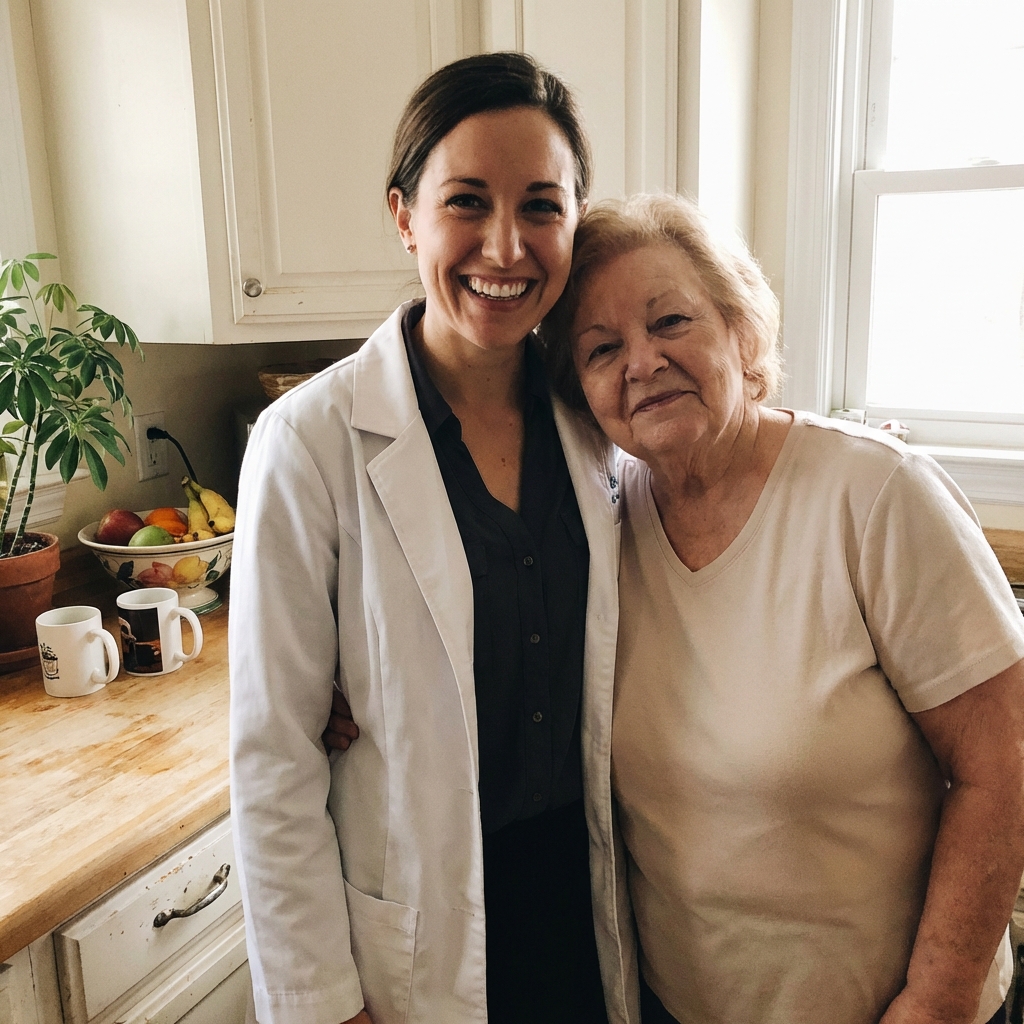 A smiling woman in a white coat embraces an older woman in a kitchen.