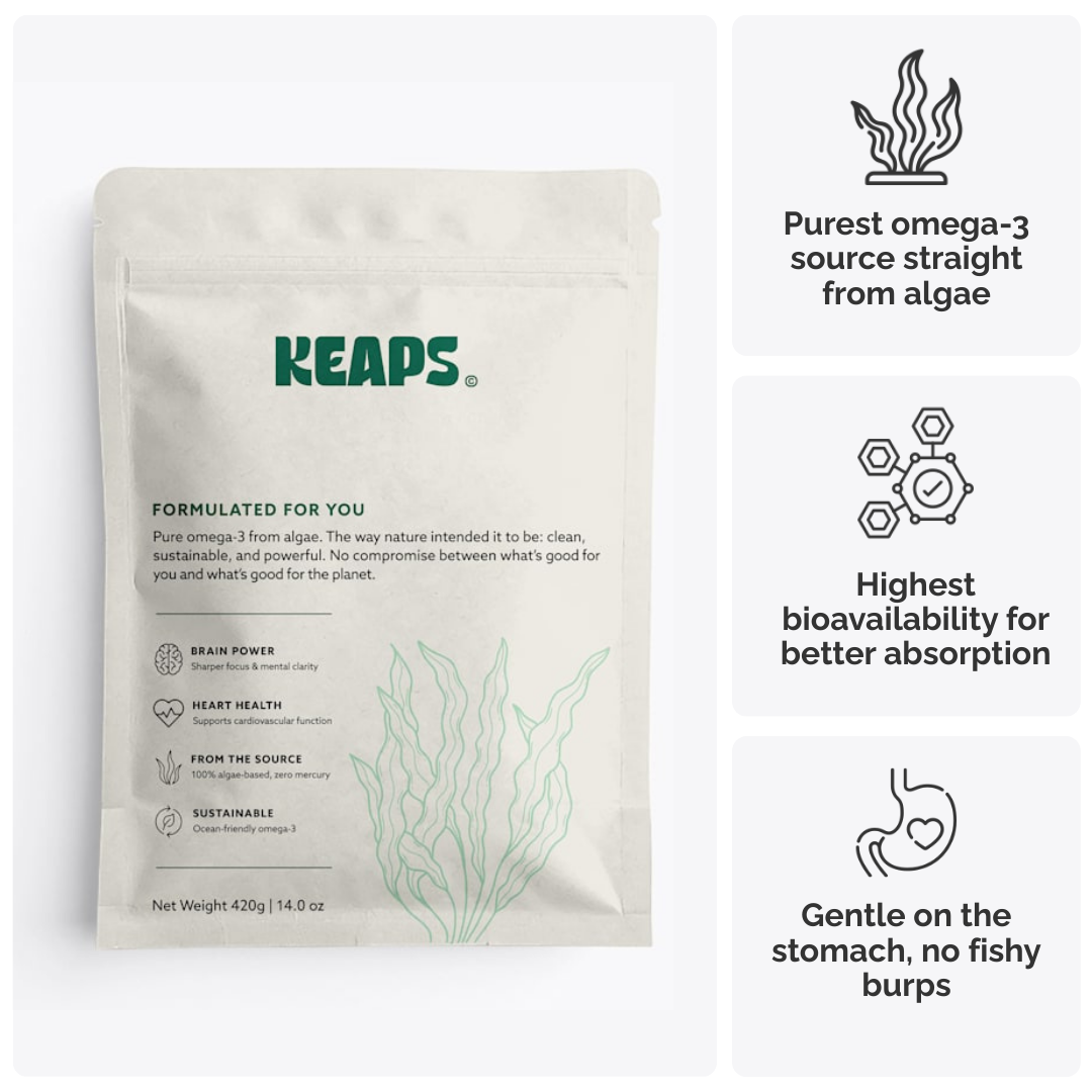 Package labeled 'KEAPS' with omega-3 benefits listed beside it.