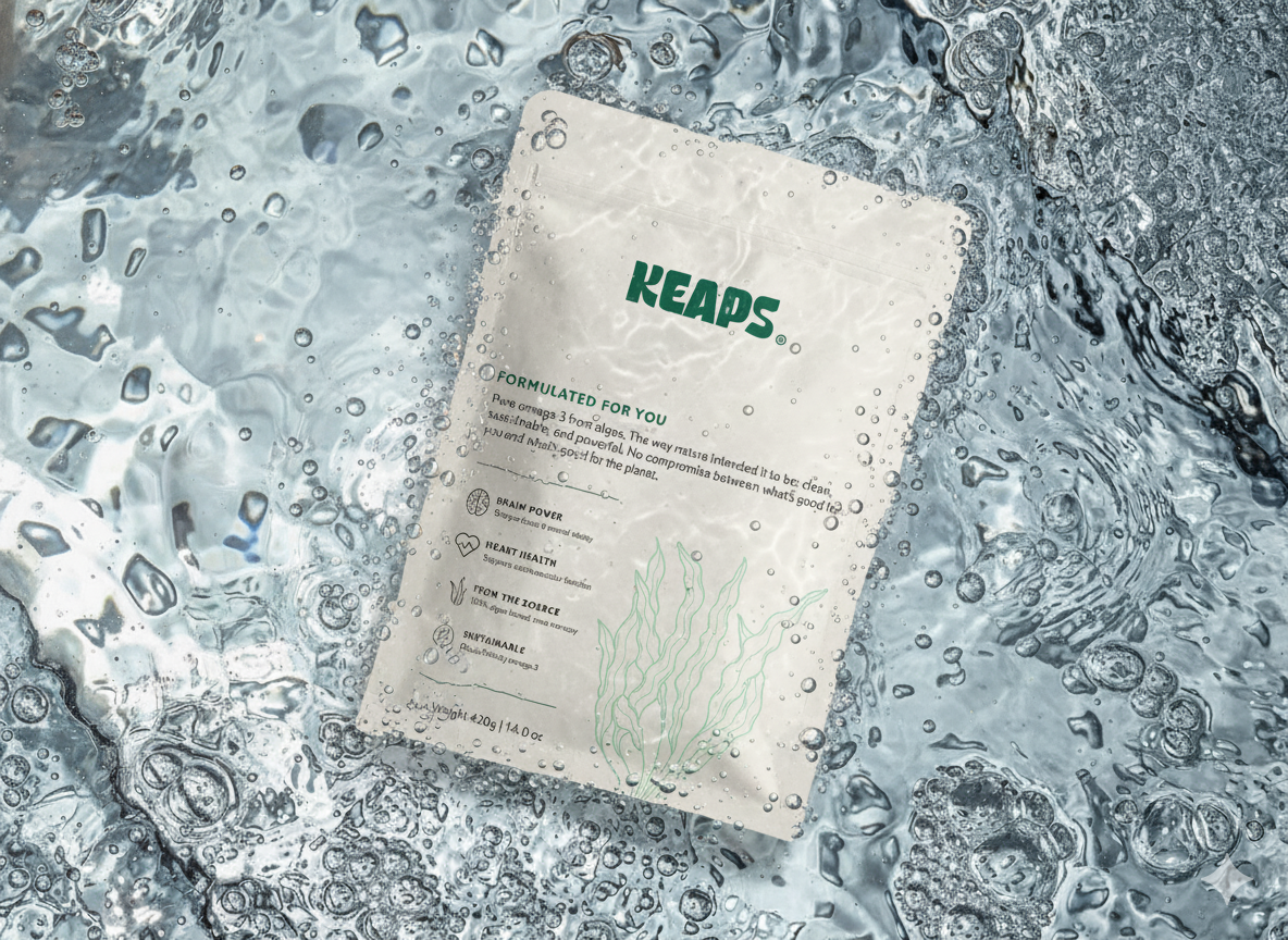 Plastic packet labeled 'KEAPs' on a textured water surface.