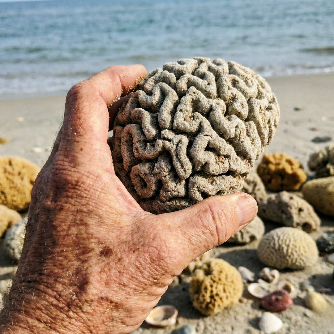 A person's hand holding a large piece of brain coral on a sandy beach by the ocean.