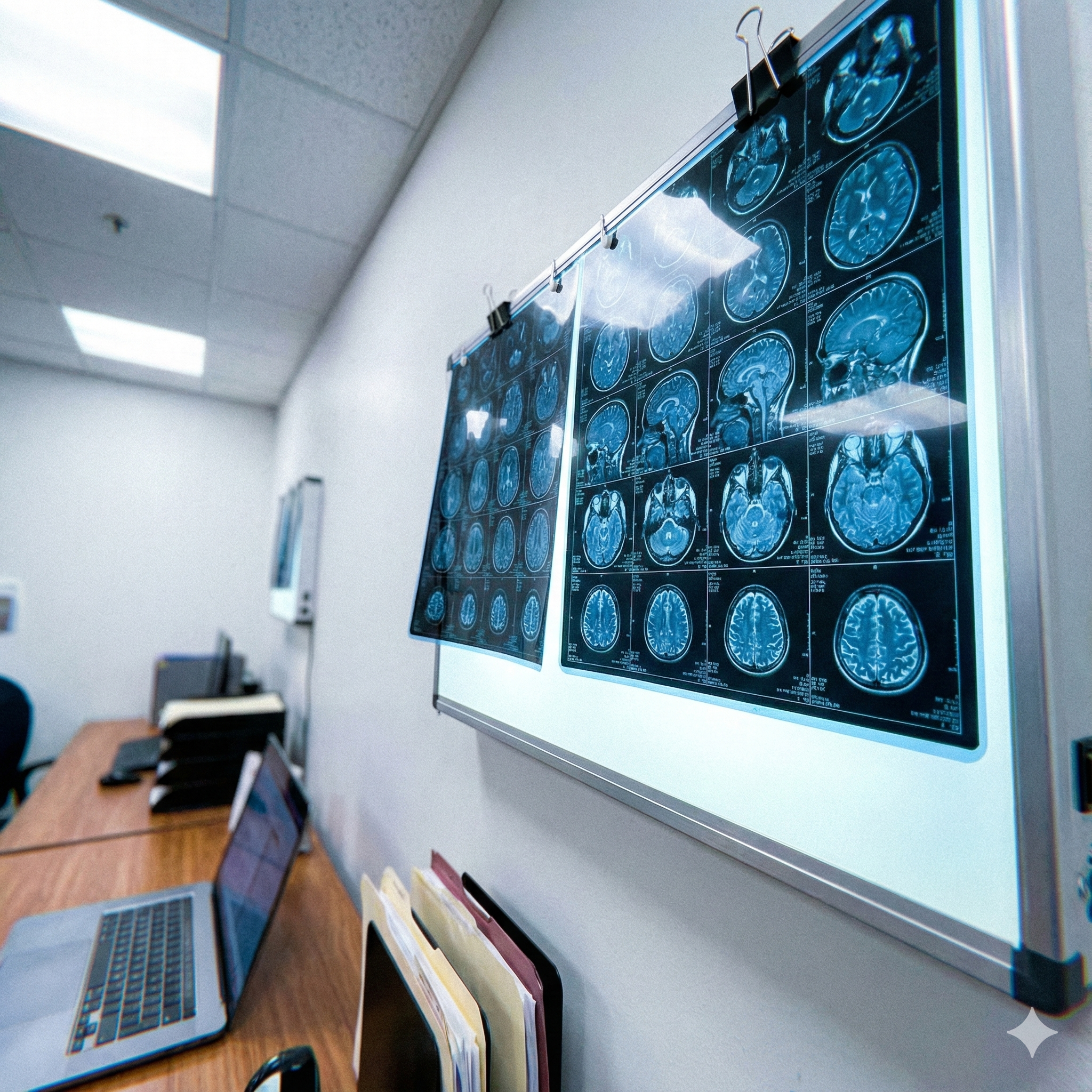 MRI scans of a human brain are clipped to a lit board on a wall in an office.