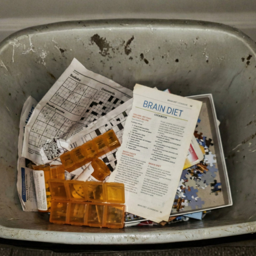 A dirty bin holds discarded puzzles, pill organizers, and a page from a 'Brain Diet' cookbook.