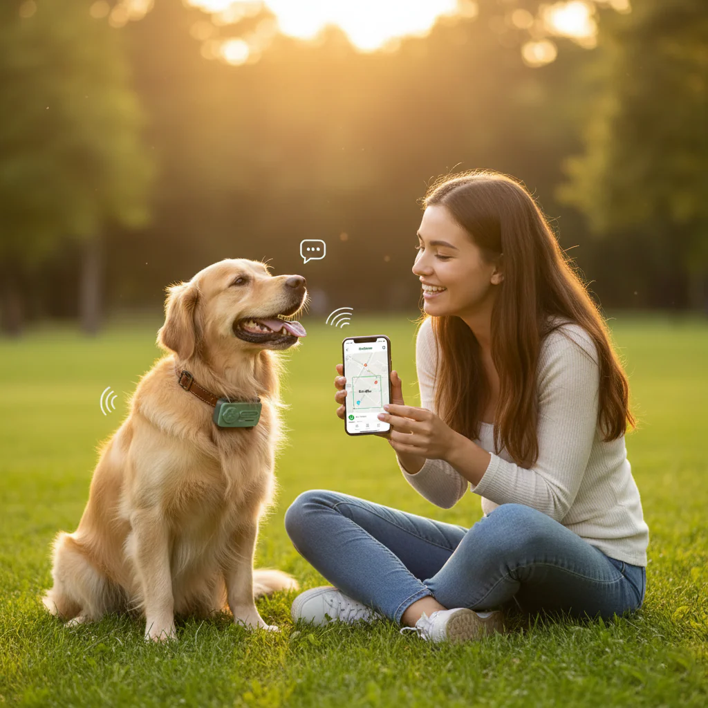 A woman sits on grass with her golden retriever, showing it a map on her smartphone.