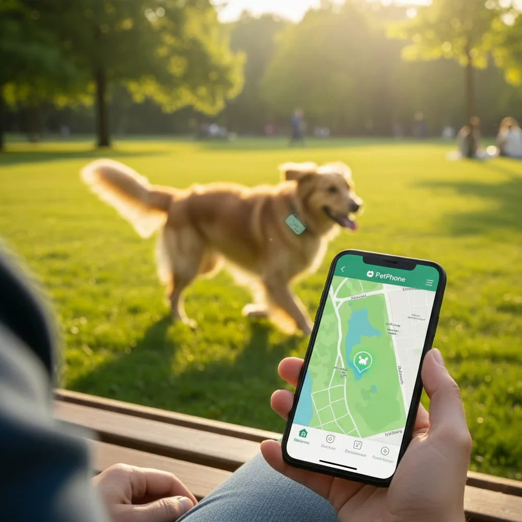 A person sits on a park bench holding a phone showing a pet tracker app, with a dog behind.