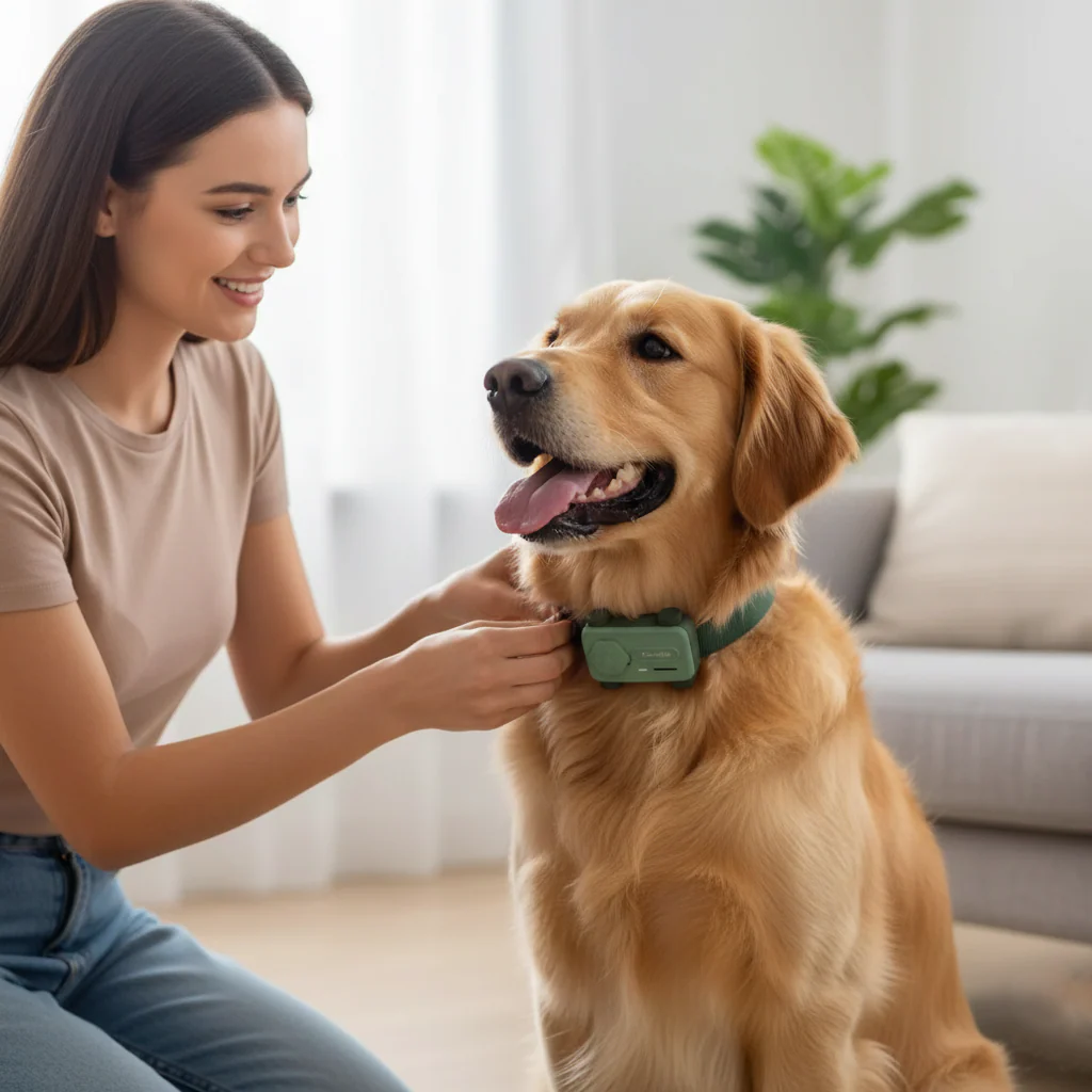 A smiling woman kneels on the floor, adjusting a green electronic collar on a golden retriever.