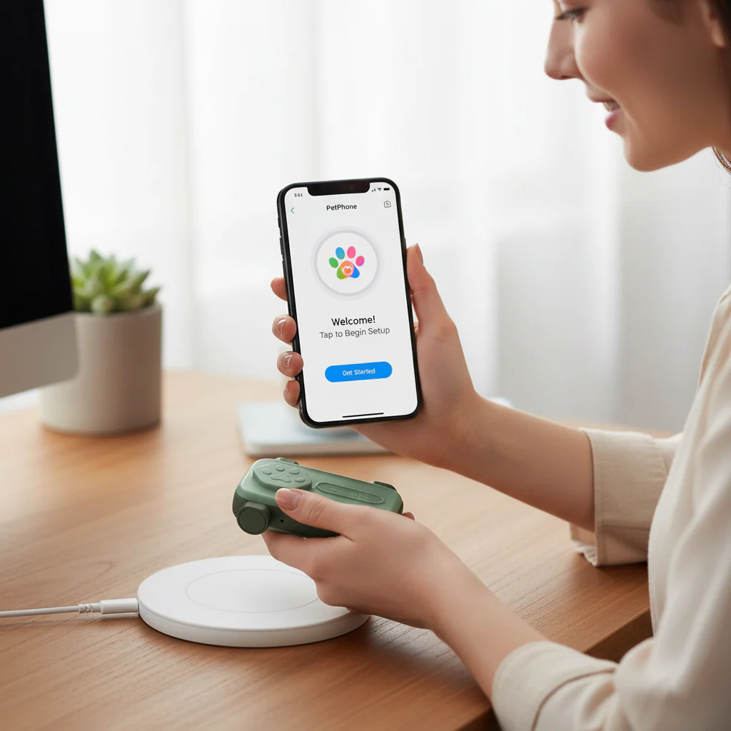 A person holds a smartphone with the PetPhone app open, while placing a green device on a wireless charger.