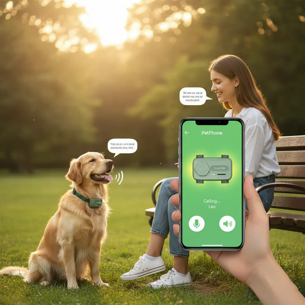 A woman in a park uses a smartphone app to communicate with her golden retriever wearing a smart collar.