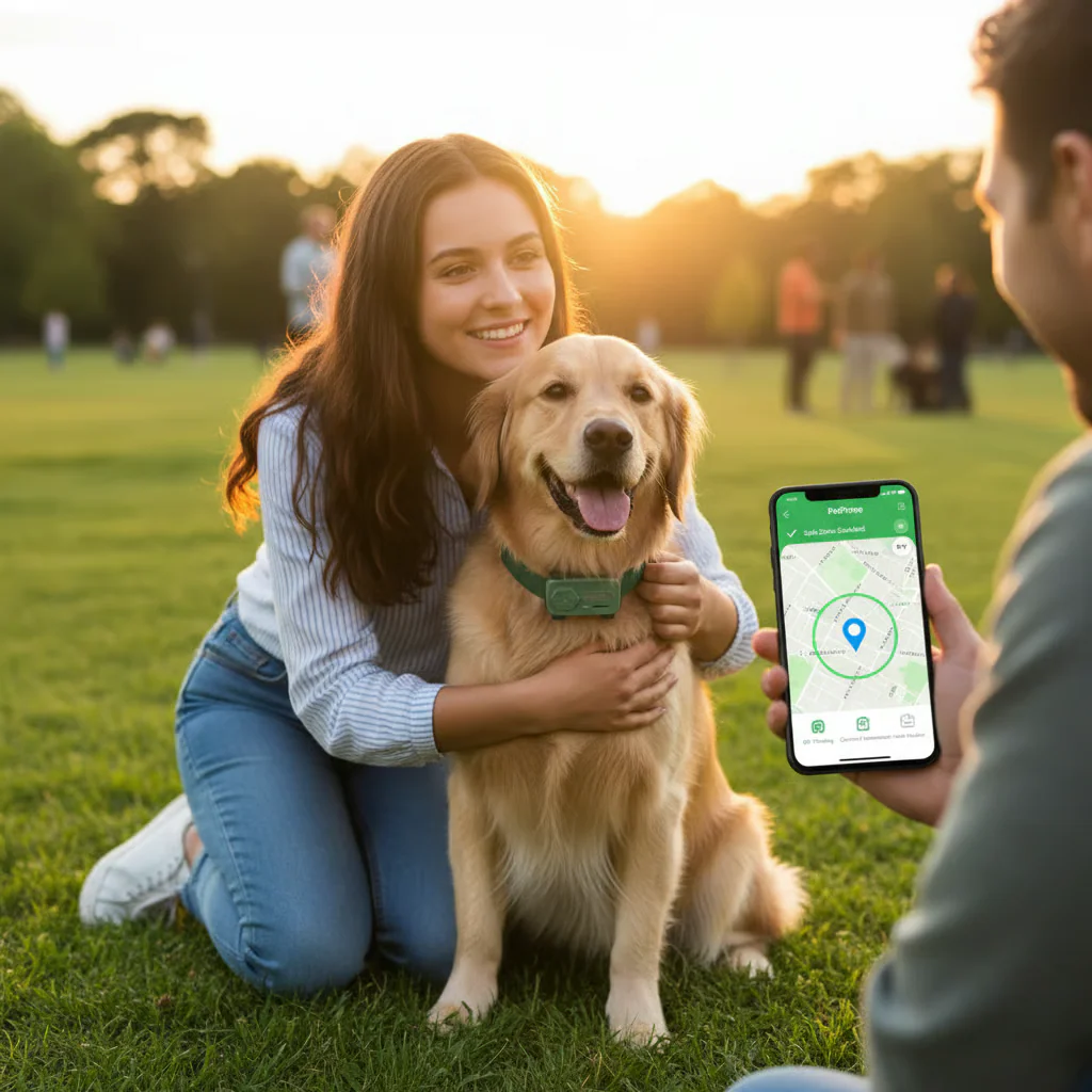 A woman pets a golden retriever wearing a GPS tracker, while a man holds a phone showing a map.