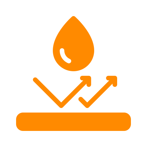 Orange water droplet over arrows bouncing off a surface.