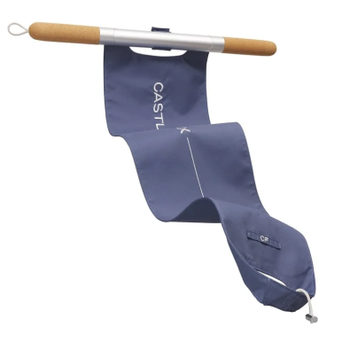 CastleFlexx patented foot hammock with a cork-handled bar and blue stretching strap