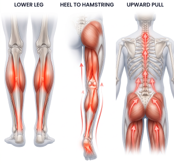 Anatomy illustration of the leg showing the muscle chain from toes and arch through the calf and Achilles up to the hamstring