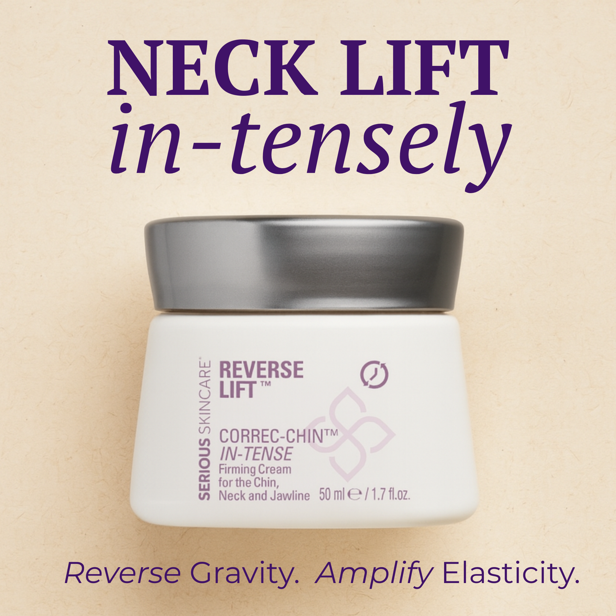 Jar of neck lift firming cream with text promoting its benefits.